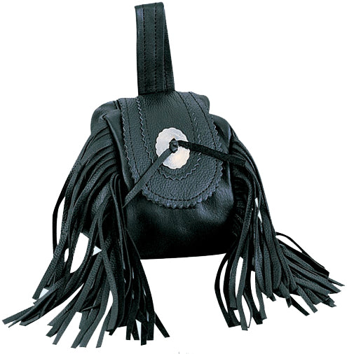Black leather bag with fringe and closeup