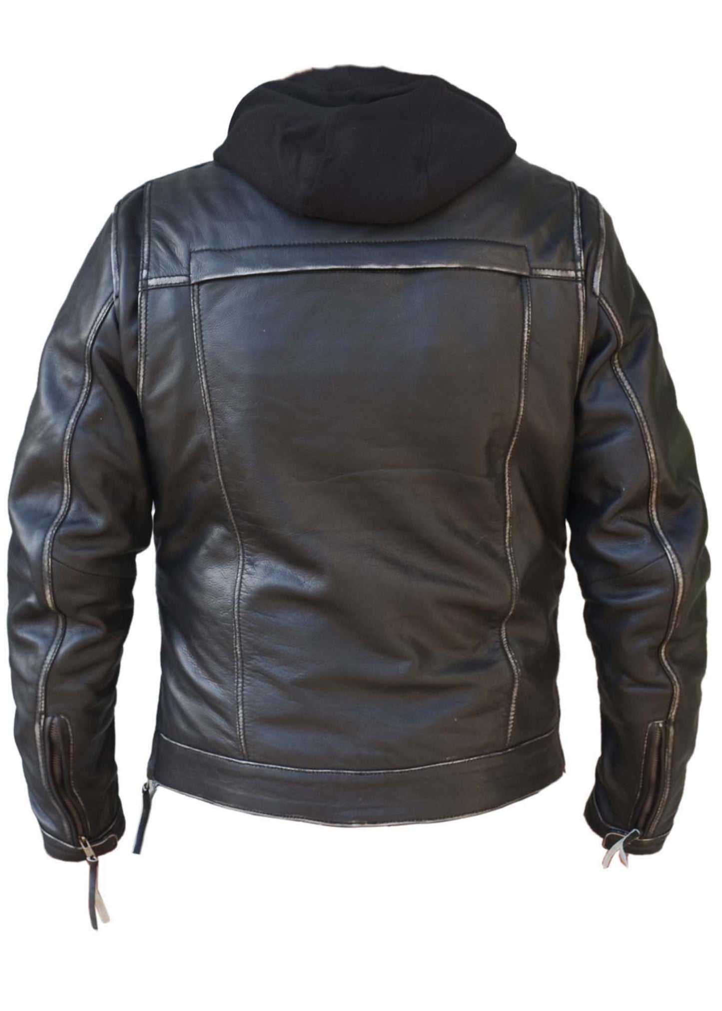 hooded leather jacket in black
