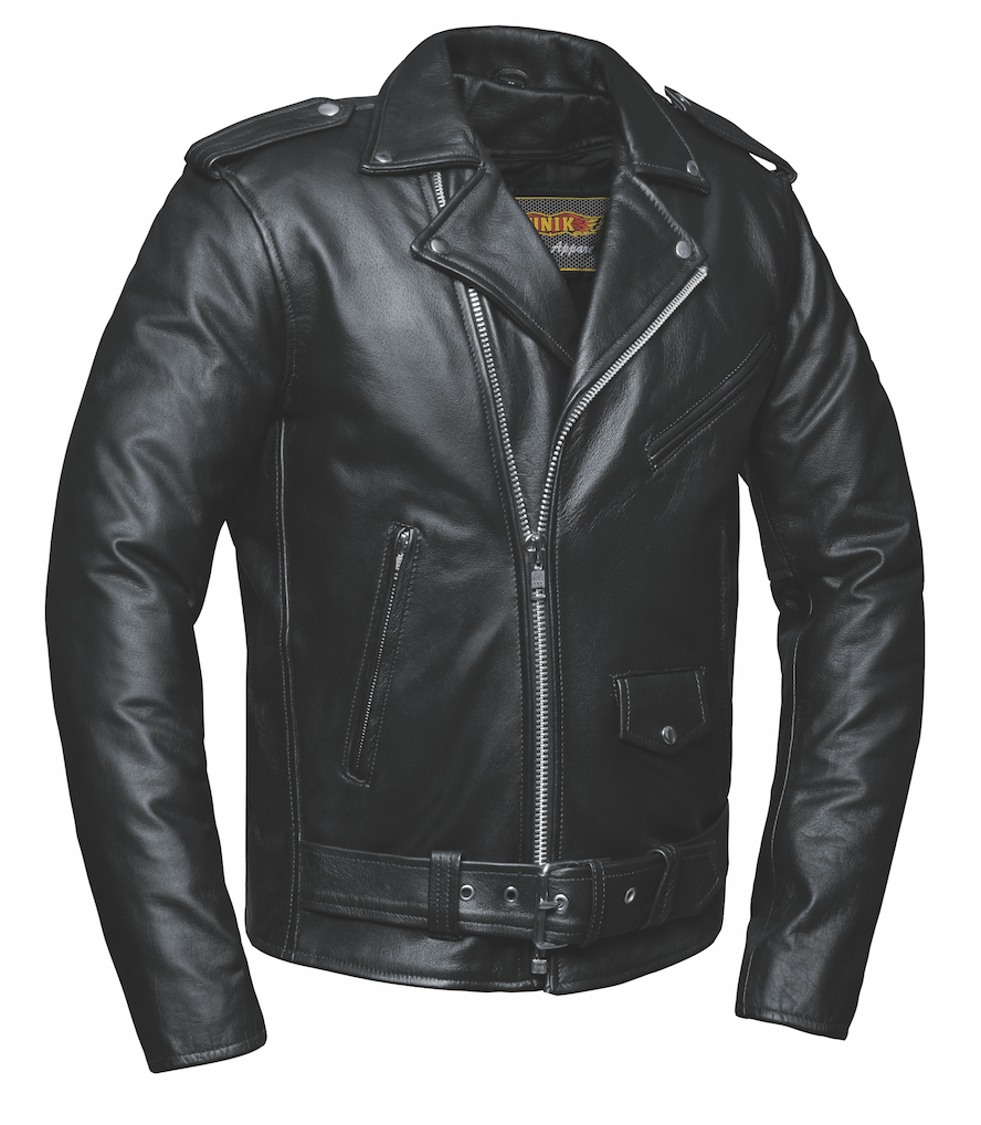Black leather jacket with cross zip style and belt closure