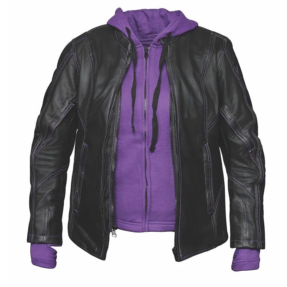 Black leather jacket and purple hoodie inside