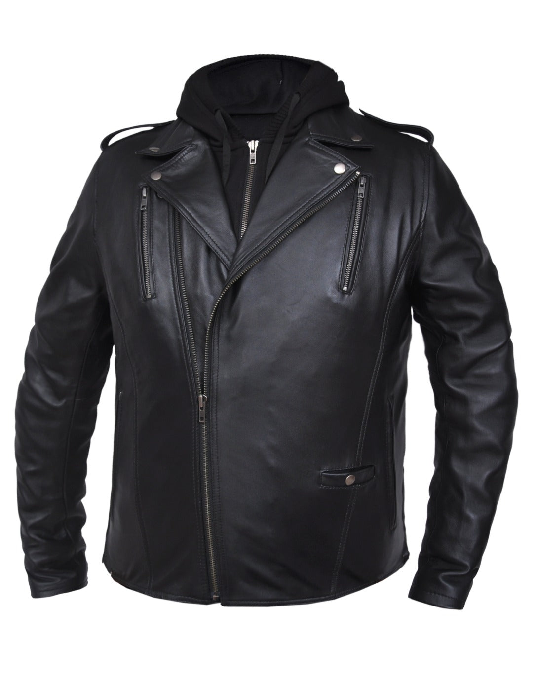 Black leather jacket with cross zip and hood