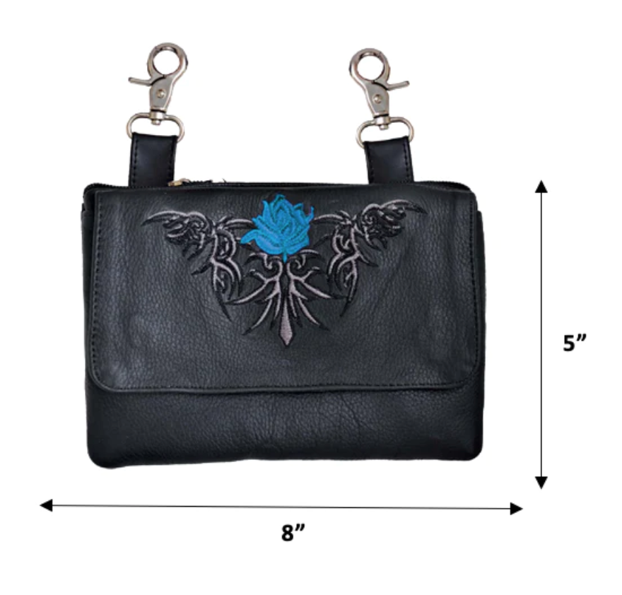 Black leather pouch with blue flower