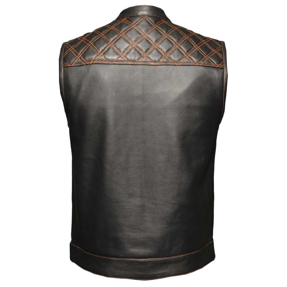 Black leather vest with orange stitching on shoulders