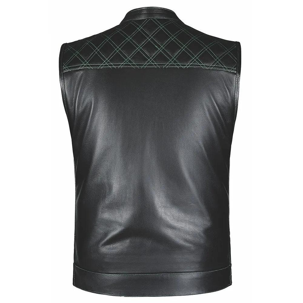 Black leather vest with quilted shoulder design