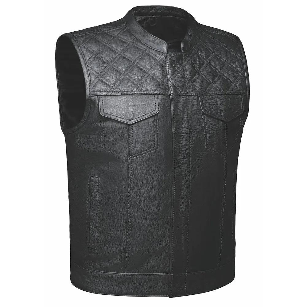 Black leather vest with quilted design on shoulders