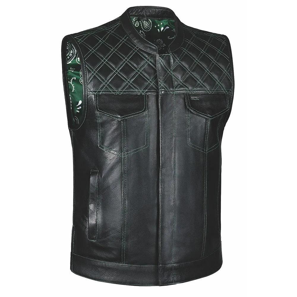 Black leather vest with quilt design on shoulder and green bandanna accents