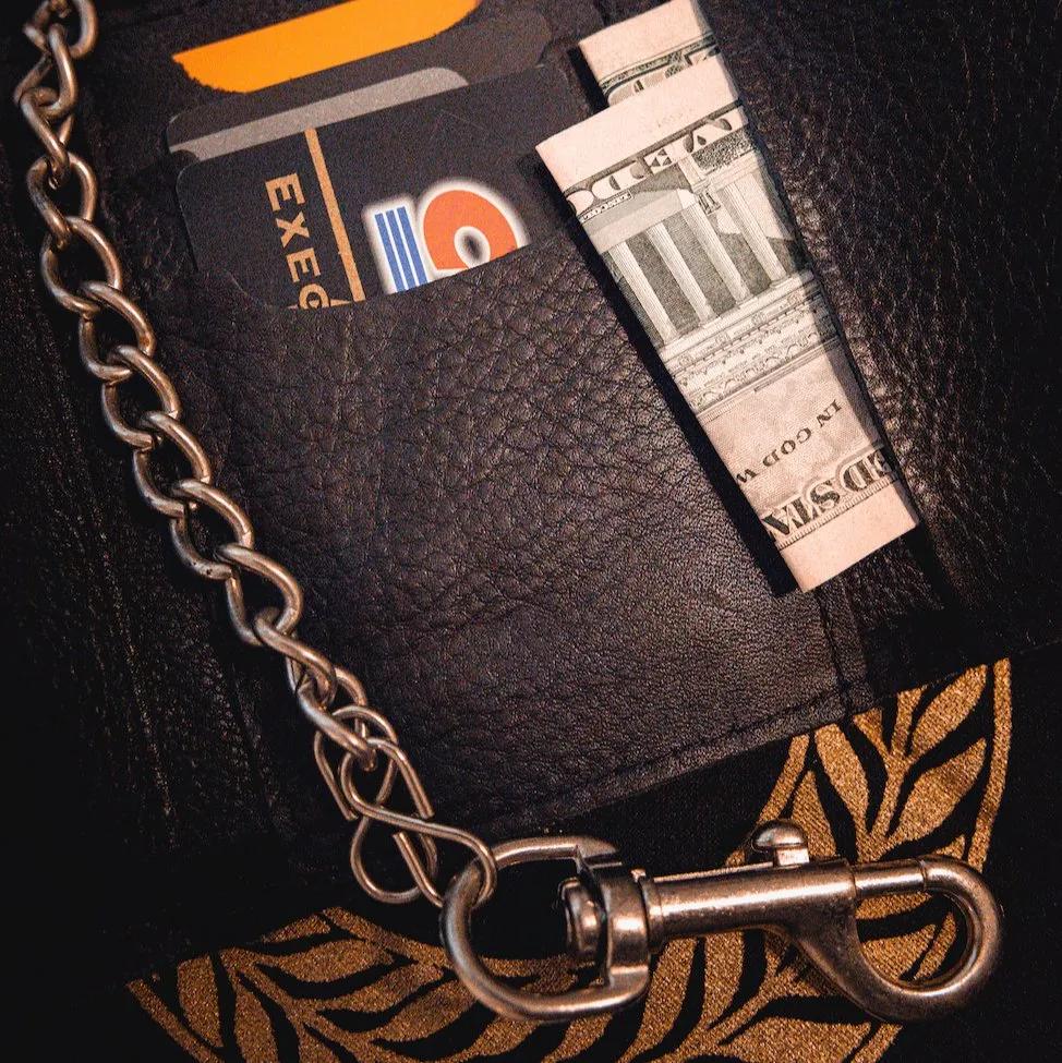 Black leather wallet with chain and hanger