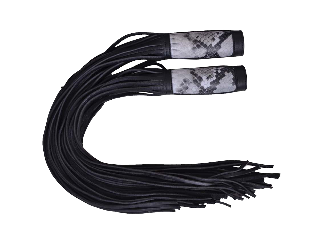 Black leather whip and grey accents