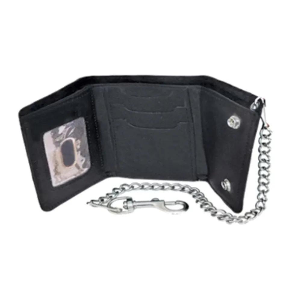Black trifold wallet with a chain