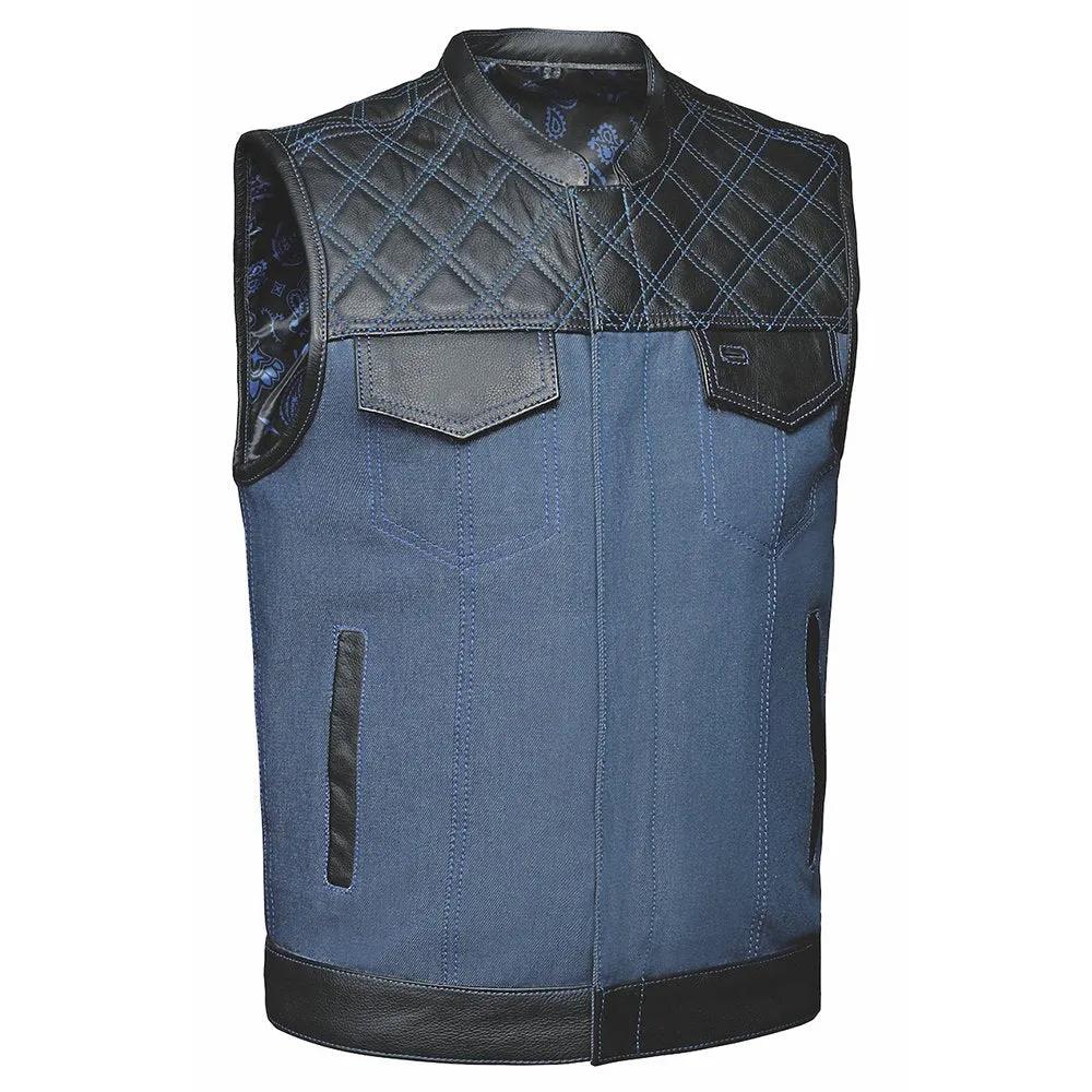 Blue denim vest with black accents