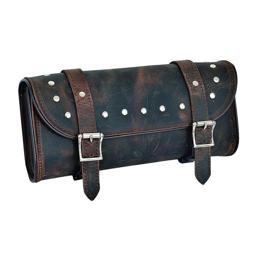 blue leather roll with silver studs and buckles