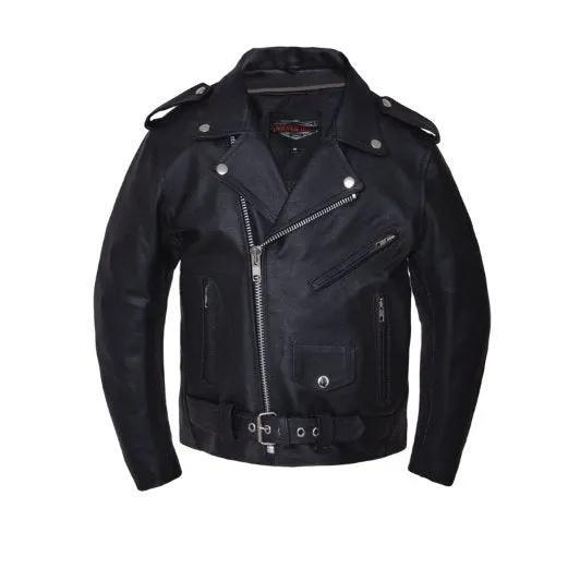 Boy’s premium black leather jacket with a front zipper closure, classic collar, and durable construction for stylish everyday wear.