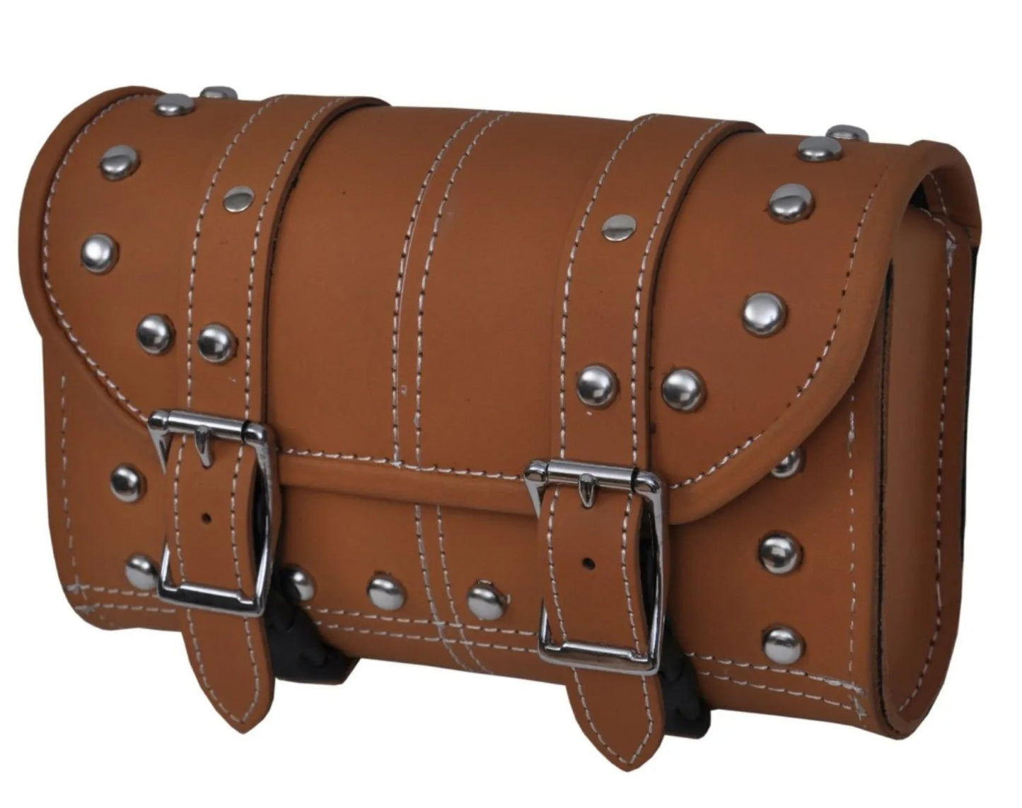 Brown leather bag with silver buckles closer