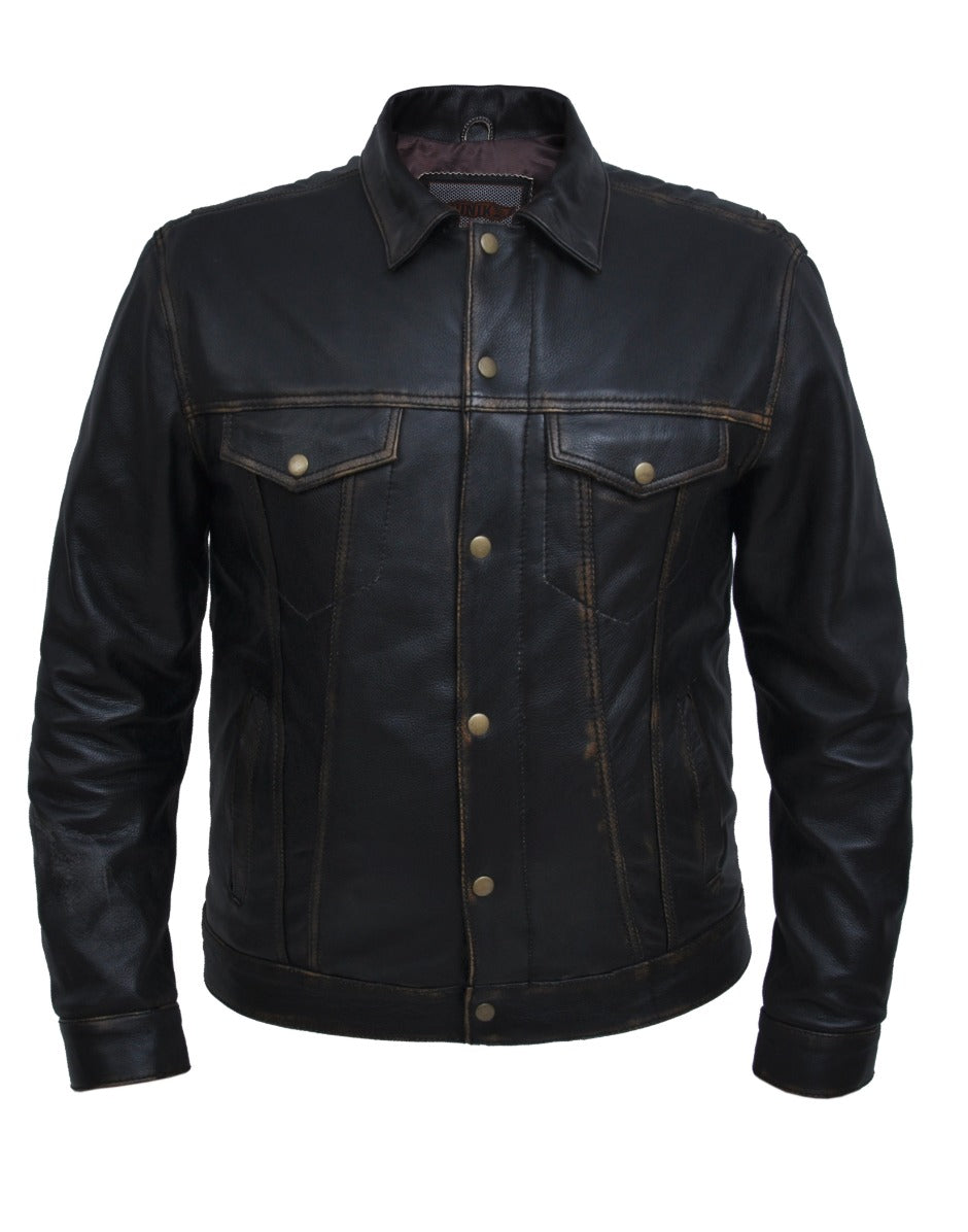 Brown leather jacket with two pockets on chest