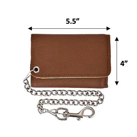 Brown leather wallet with chain and size