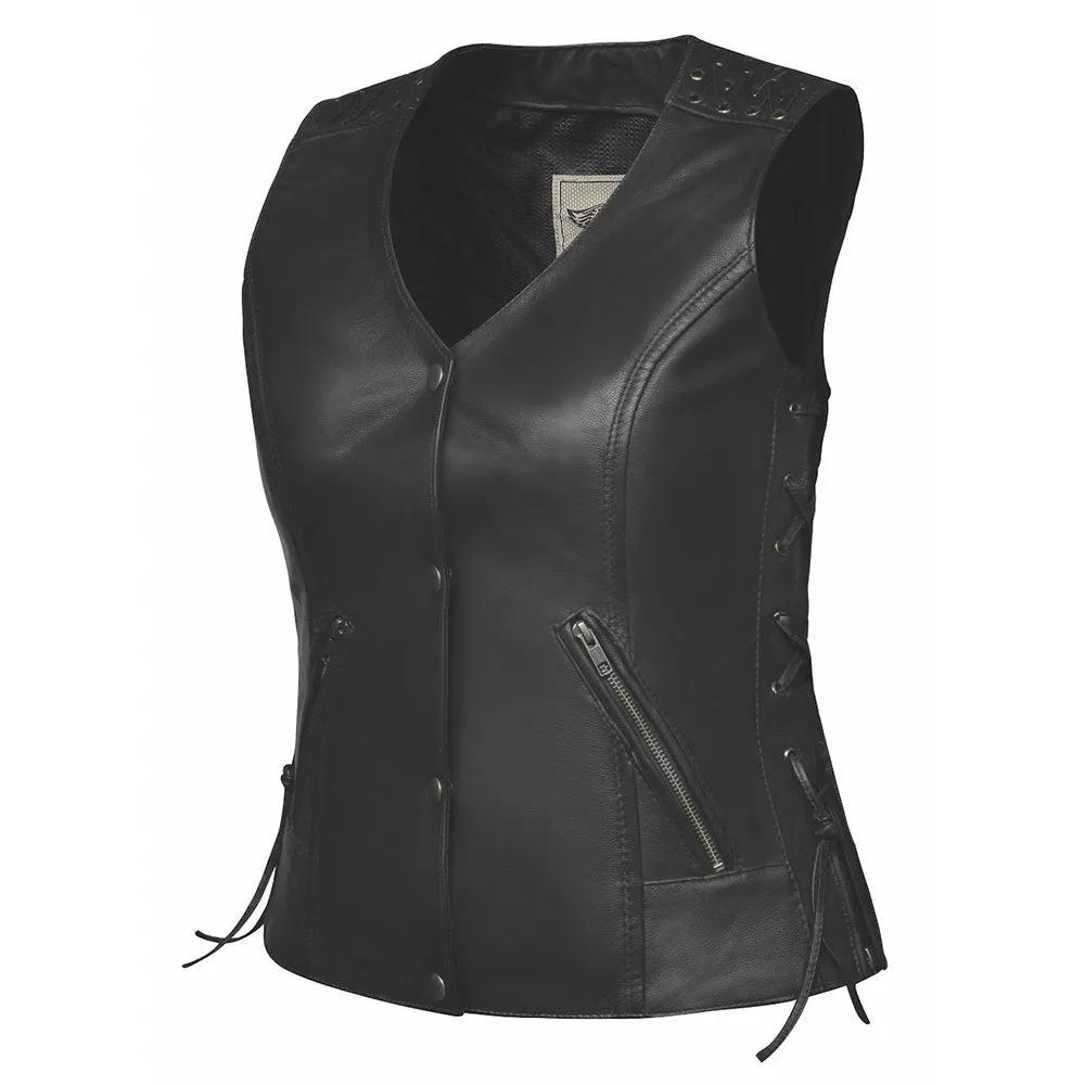 The Ladies Premium Leather Vest by Unik Premium features premium cowhide leather construction, Antique Silver hardware, 2 outside pockets, 2 inside pockets, side laces for fit adjustment, and is available in sizes XS to 5XL.