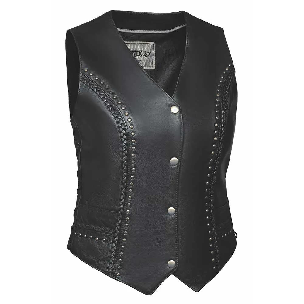 The Ladies Premium Stud and Braided vest by Unik Premium combines durable cowhide leather construction, stud and braid detailing, two exterior pockets, two interior concealed carry pockets, side laces for fit adjustment, silver hardware, and a classic black color.