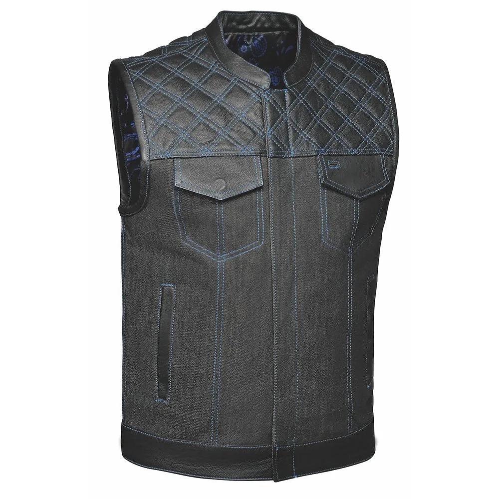 Denim vest with quilted design on shoulders