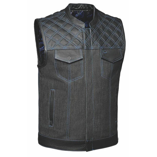 Denim vest with quilted design on shoulders