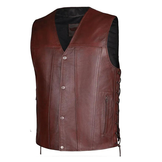 Crafted from cowhide leather and meticulously designed in Pakistan, this vest features a striking red color that makes a statement. Ideal for motorcycle enthusiasts and those with a taste for distinctive fashion,