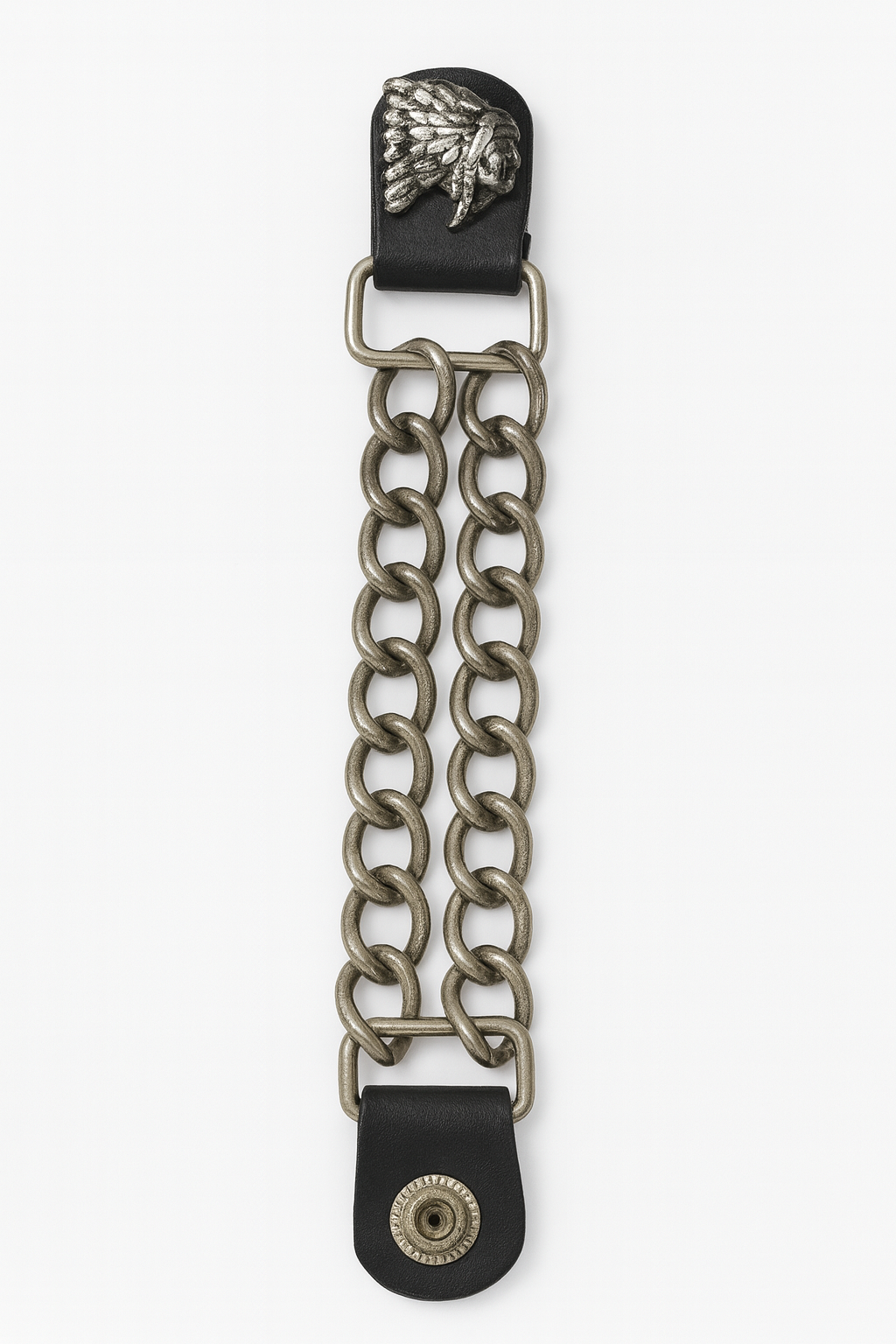 Leather vest extender featuring a detailed chrome eagle emblem with sturdy snap closures for a secure fit