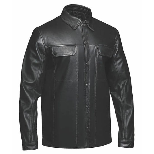 Men's Premium Lightweight Leather Shirt by Unik Lightweight Premium. Crafted from goatskin leather in a sleek black hue, this shirt combines modern design with functional elements, ideal for both casual and semi-formal occasions