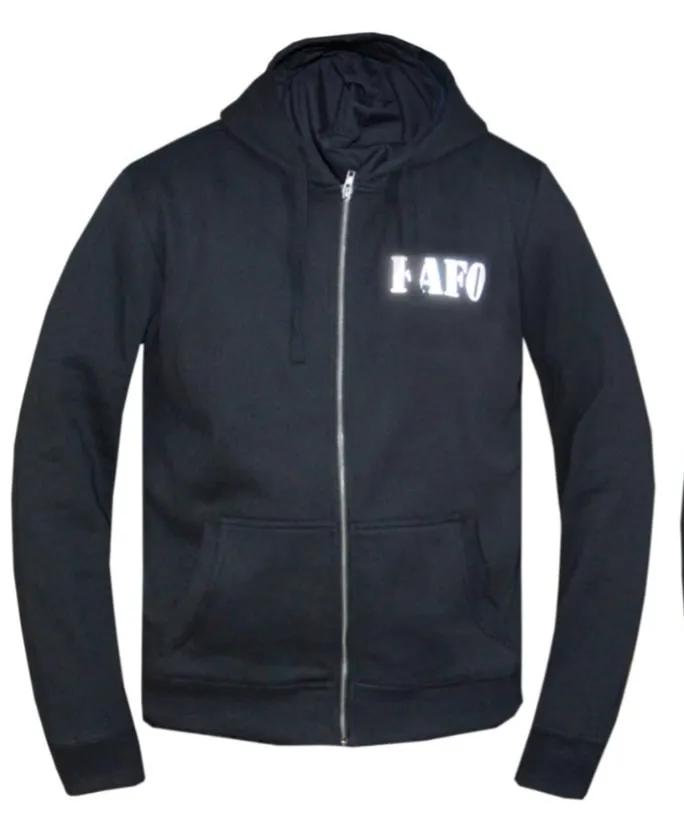 Men’s black FAFO motorcycle hoodie with reflective lettering on the front, reinforced construction, and a comfortable fit designed for bikers.
