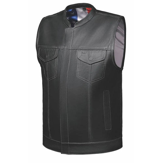 Made from cowhide leather with a USA flag liner, it includes four exterior pockets, two inside concealed carry pockets, a zip snap main closure, antique brass hardware