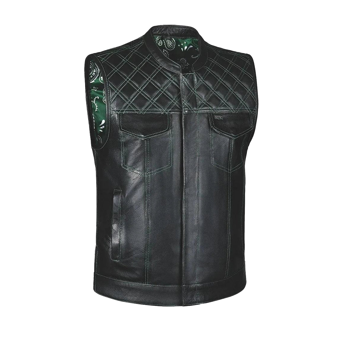 Green Diamond Men's Club Style Cowhide Leather Motorcycle Vest