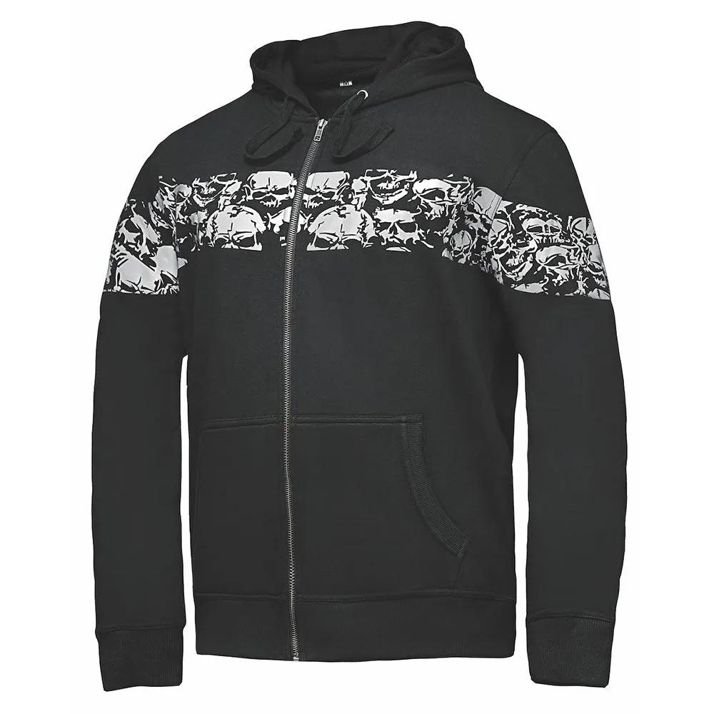 Elevate your street style with the Unik Denim Men's Skull Hoodie Sweatshirt. Crafted from high-quality cotton, this hoodie combines comfort with edgy design. It features a distinctive reflective skull motif, prominently displayed on the front, back, and sides, adding a bold statement to your look