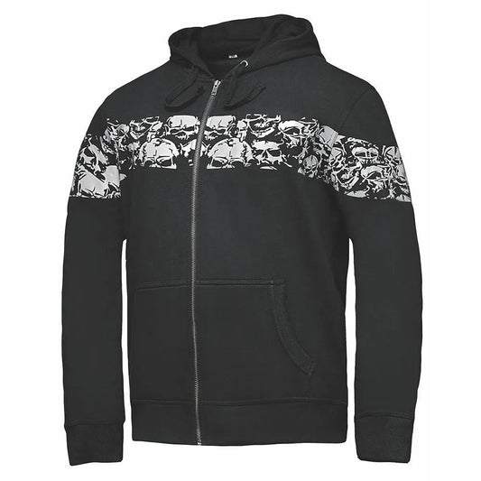Elevate your street style with the Unik Denim Men's Skull Hoodie Sweatshirt. Crafted from high-quality cotton, this hoodie combines comfort with edgy design. It features a distinctive reflective skull motif, prominently displayed on the front, back, and sides, adding a bold statement to your look