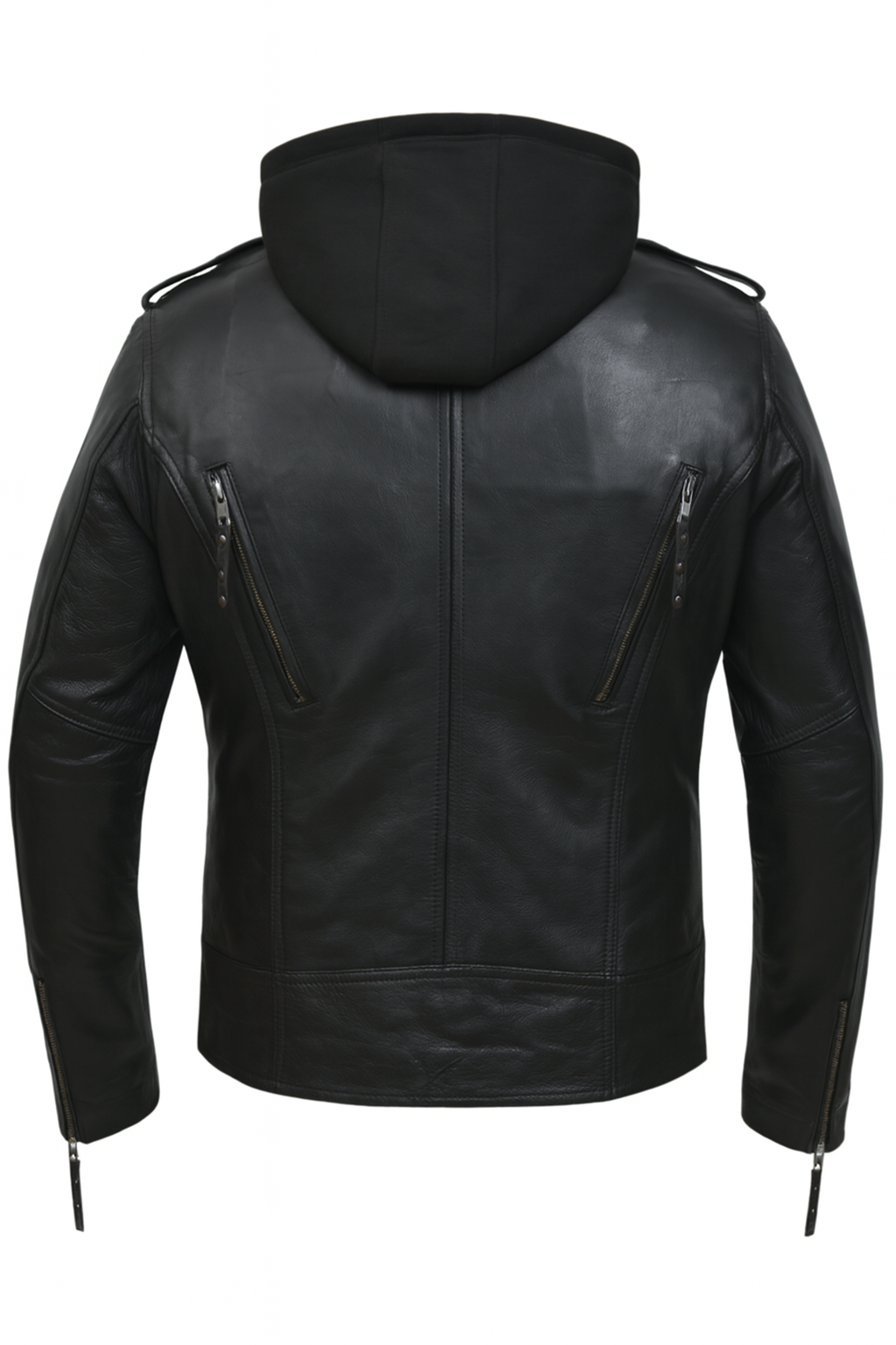 Black leather hooded jacket with back zippers