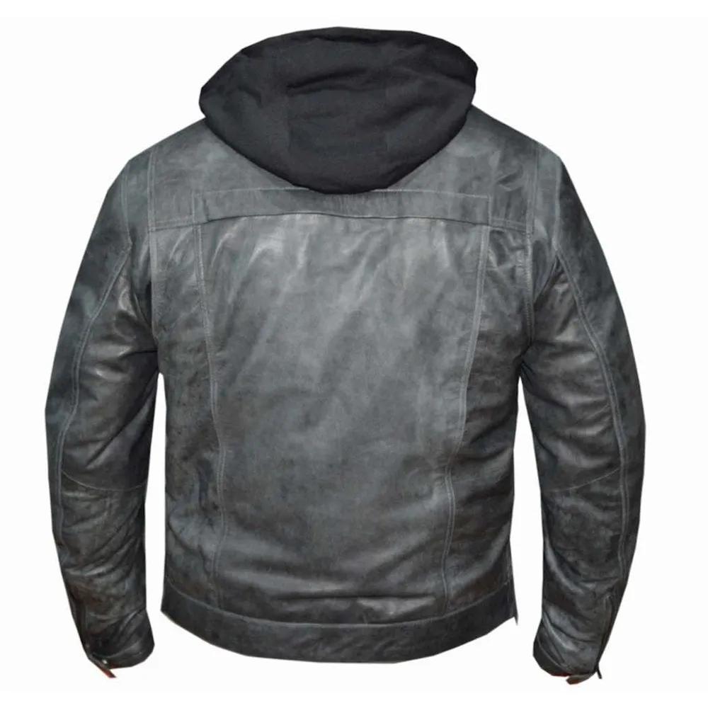 Leather jacket with a hood and texture