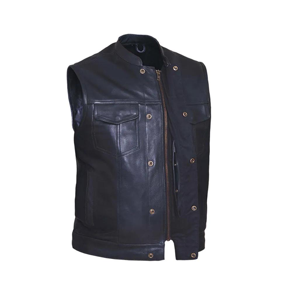 The Men's Ultra SOA Style Club Vest by Unik Ultra blends iconic design with practical features. Made from cowhide leather, it includes four exterior pockets, two inside concealed carry pockets, a zip snap main closure, antique brass hardware