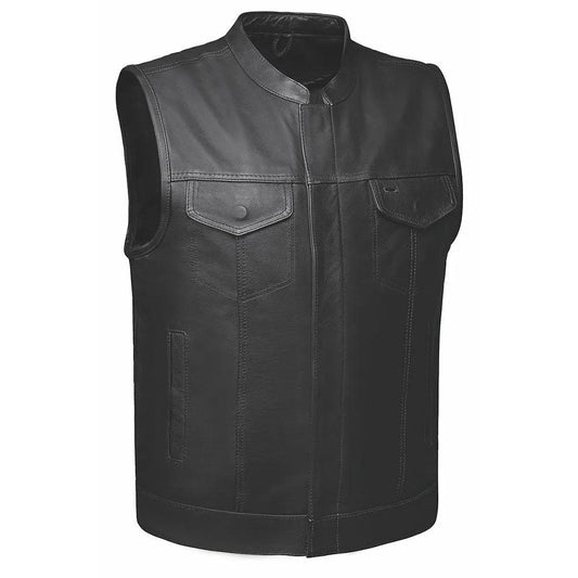 The Men's Ultra SOA Style Club Vest by Unik Ultra blends iconic design with practical features. Made from cowhide leather, it includes four exterior pockets, two inside concealed carry pockets, a zip snap main closure, antique brass hardware