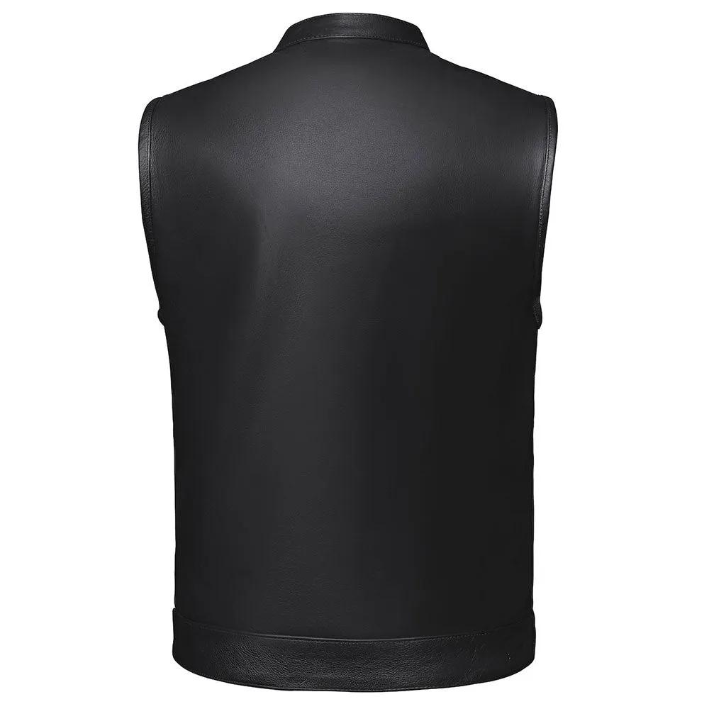 The Men's Ultra SOA Style Club Vest by Unik Ultra blends iconic design with practical features. Made from cowhide leather, it includes four exterior pockets, two inside concealed carry pockets, a zip snap main closure, antique brass hardware