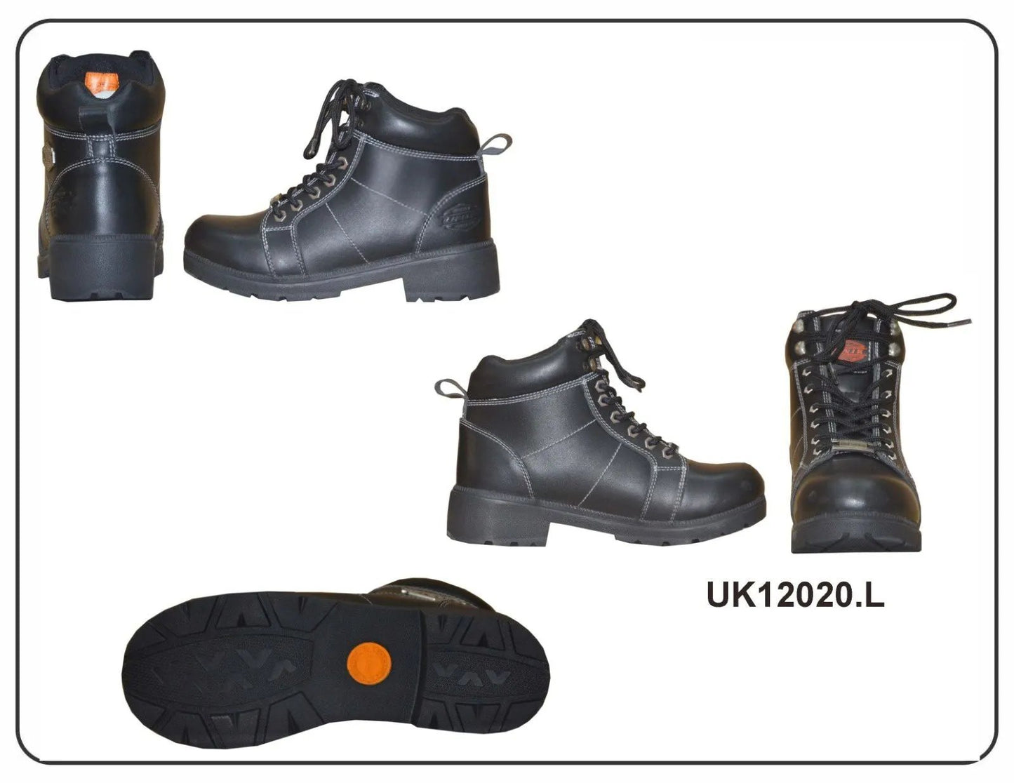 Ladies black leather boots featuring a smooth finish, low heel, and durable sole for all-day wear