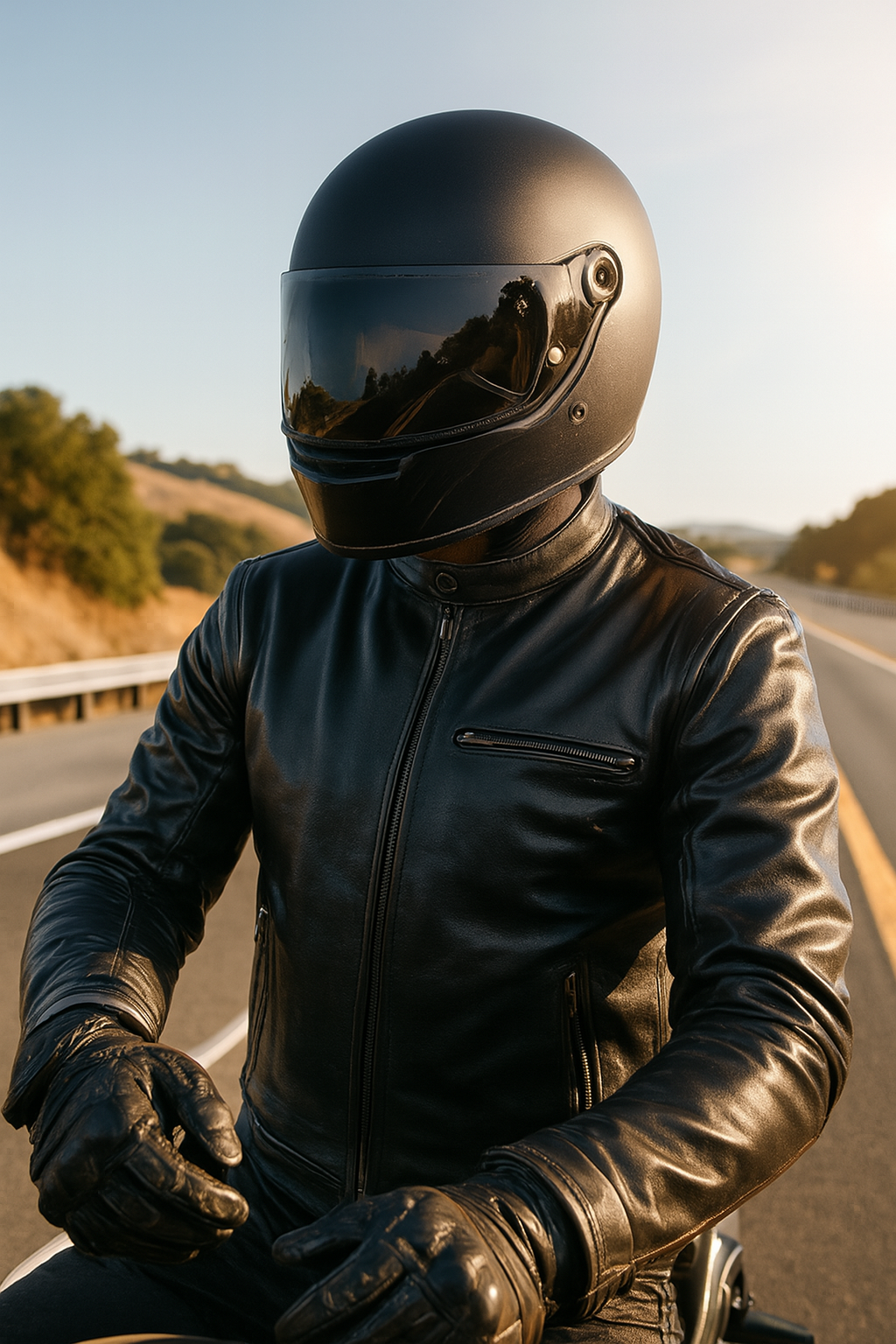 Rider in leather jacket and gloves on the road