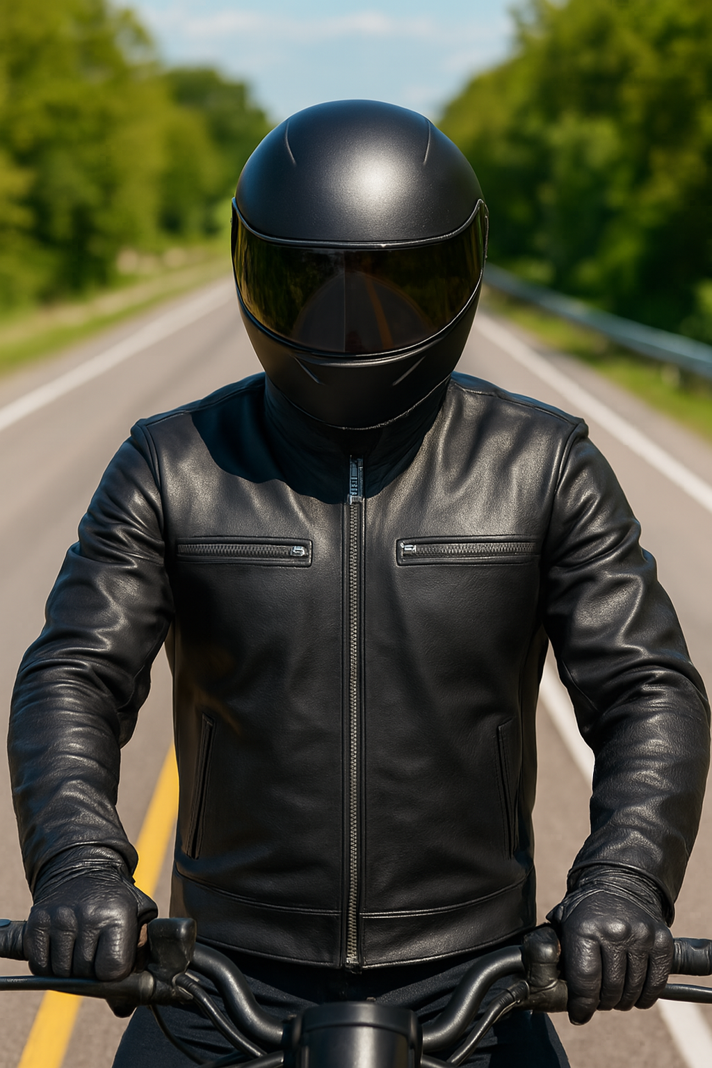 Rider on the road with helmet and leather jacket
