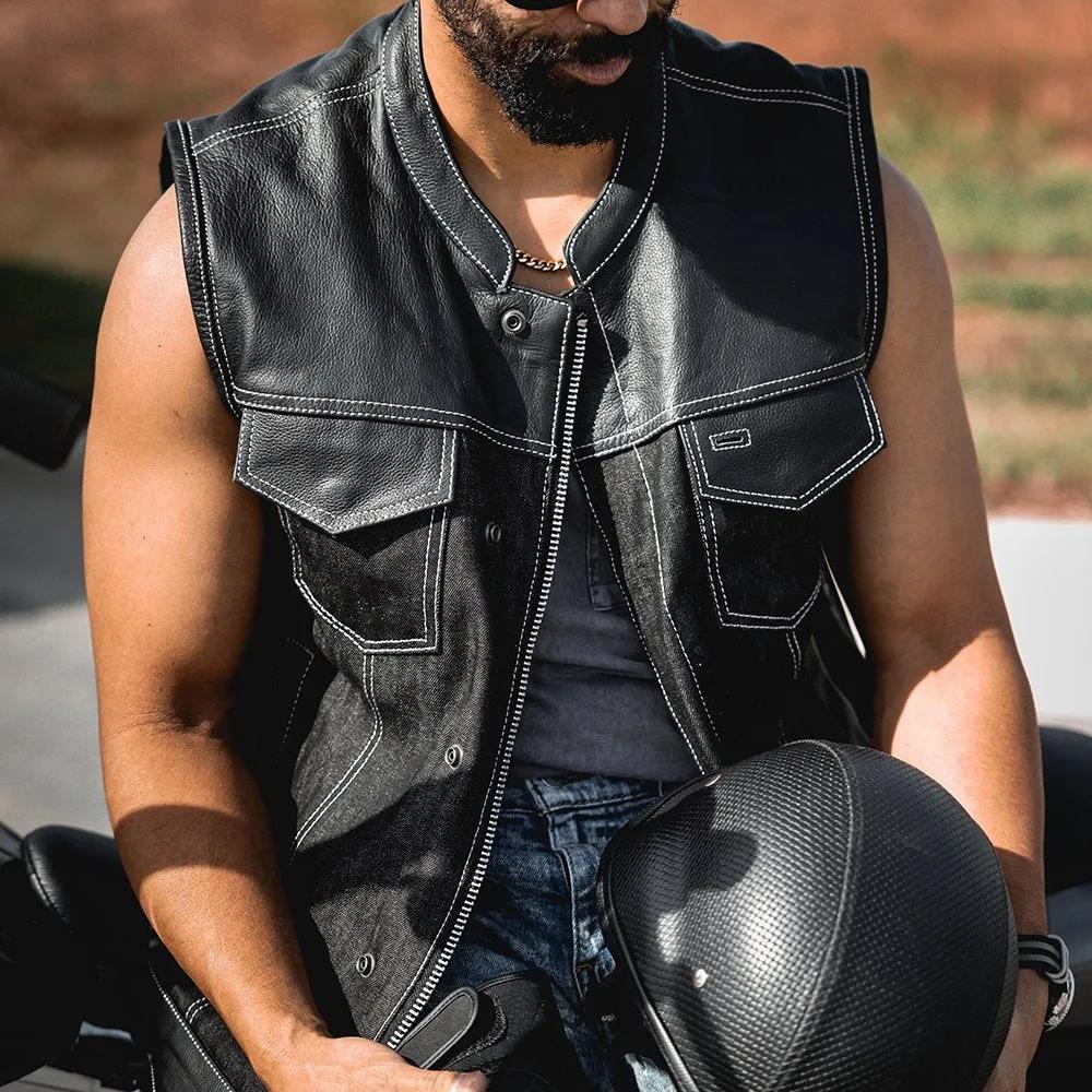 Man wearing a leather vest in black color lifestyle image