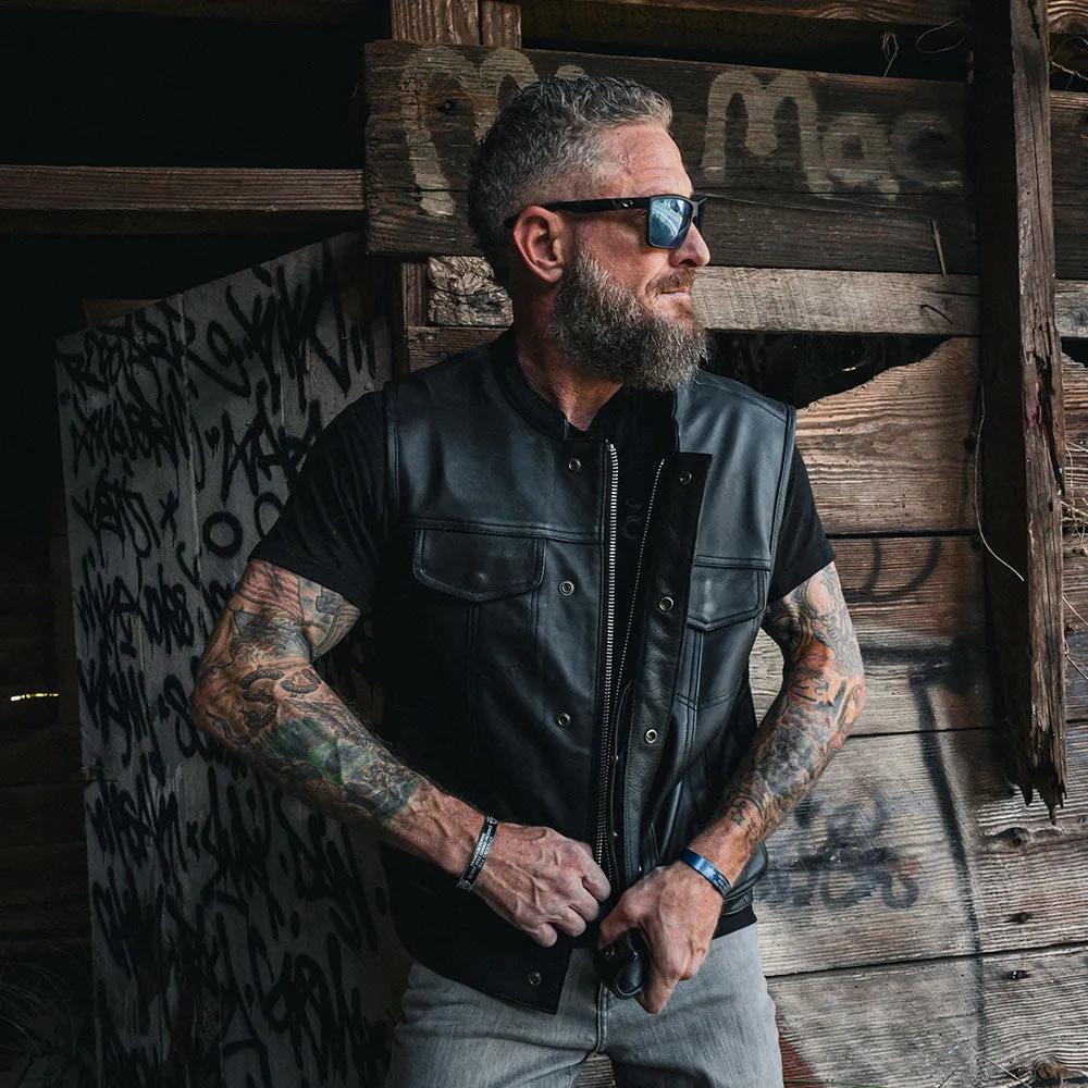 Men’s black leather motorcycle vest featuring an interior Arizona state flag liner, front snap closures, and side lacing for a custom fit