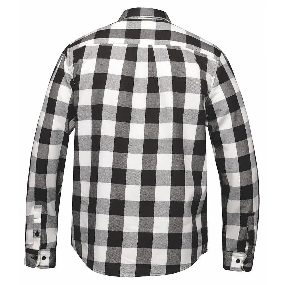 Men’s black and white plaid riding flannel shirt with a button front