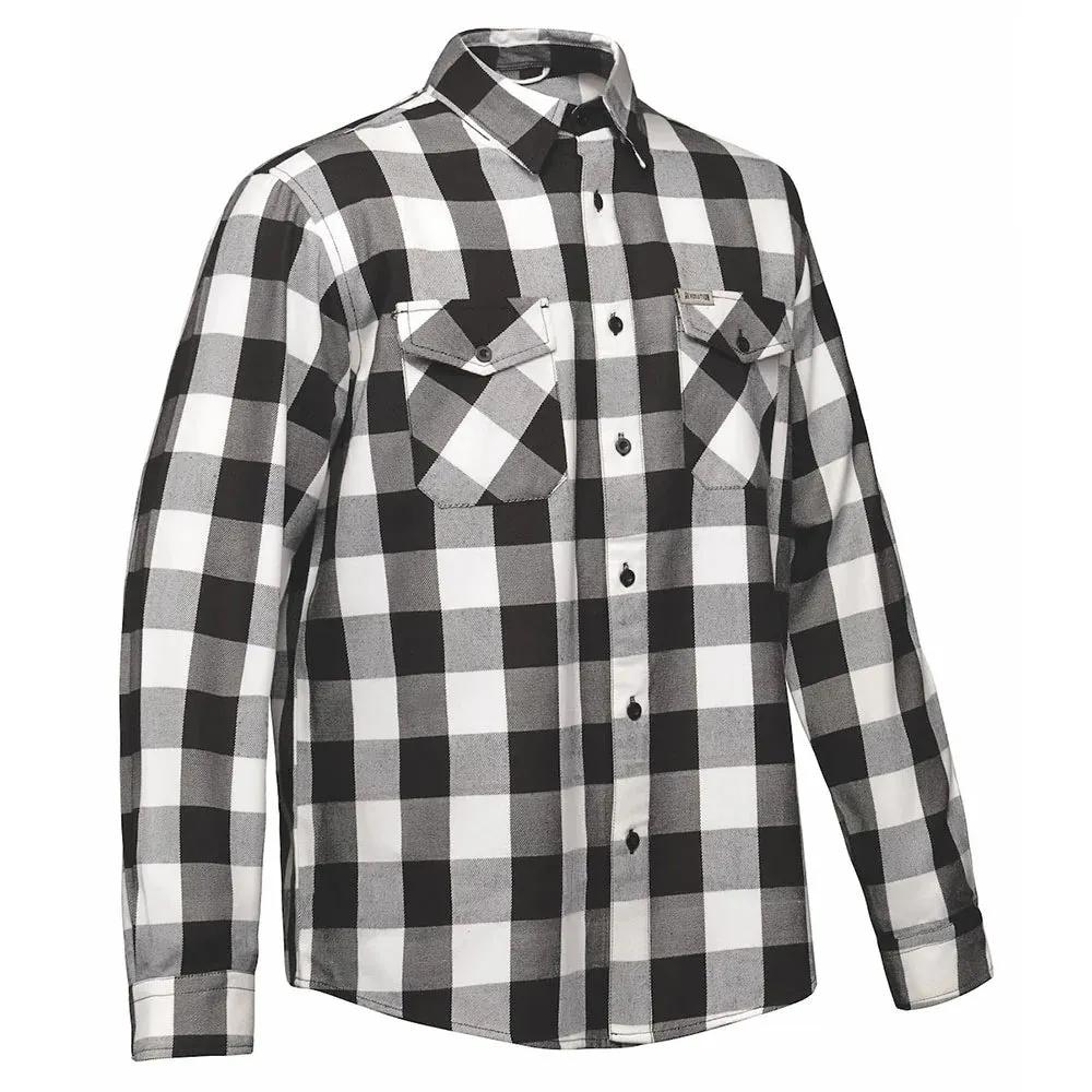 Men’s black and white plaid riding flannel shirt with a button front