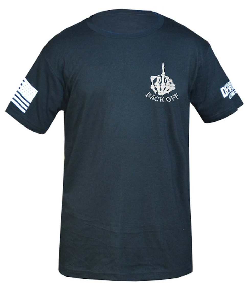 Black t-shirt with white graphics and text on a white background