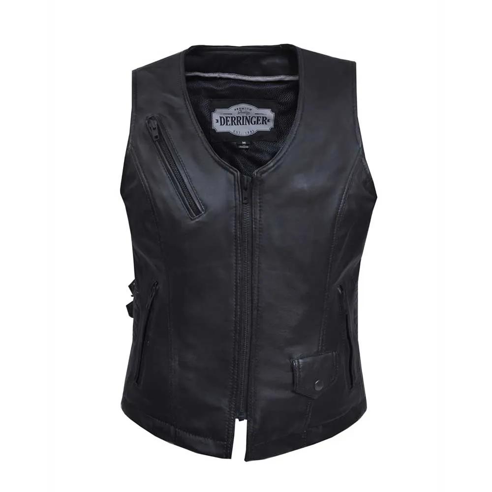 Style # 6893.LA embodies timeless elegance and practicality with a ladies' premium zippered vest crafted from lightweight lambskin leather