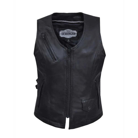 Style # 6893.LA embodies timeless elegance and practicality with a ladies' premium zippered vest crafted from lightweight lambskin leather