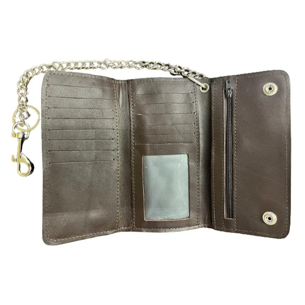 Open brown leather wallet