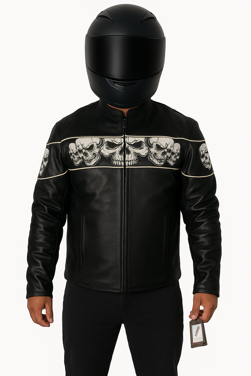 Black leather jacket with skull designs on chest
