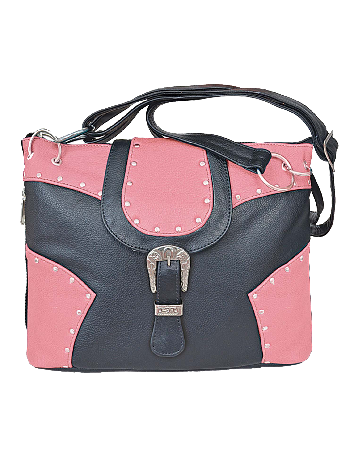 Pink and black handbag with a buckle