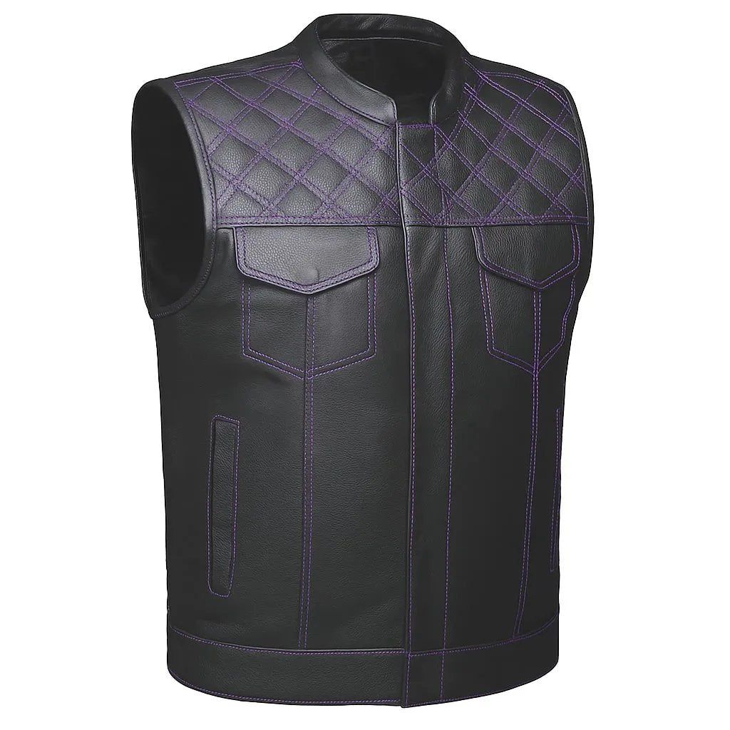 Men’s black leather club vest with striking purple diamond stitching, front snap buttons, and side lacing, premium design by Unik